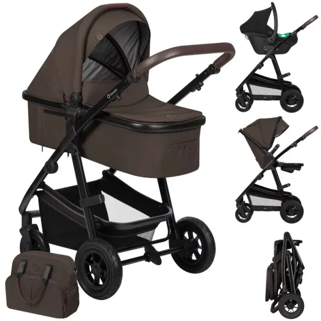 Carucior 3 in 1, Lionelo, Amber, Cadru aluminiu, Cu landou intarit si salteluta moale, Cu scoica auto testata ADAC, Reversibil, Cu accesorii, Geanta parinti, Pana la 22 kg, Maro BYNLO-AMBER_3IN1_BROWN_CHOCOLATE