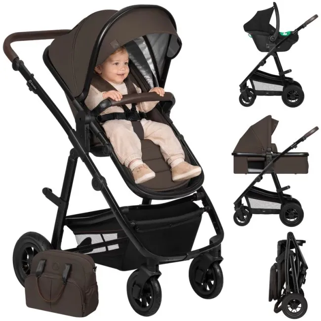 Carucior 3 in 1, Lionelo, Amber, Cadru aluminiu, Cu landou intarit si salteluta moale, Cu scoica auto testata ADAC, Reversibil, Cu accesorii, Geanta parinti, Pana la 22 kg, Maro BYNLO-AMBER_3IN1_BROWN_CHOCOLATE