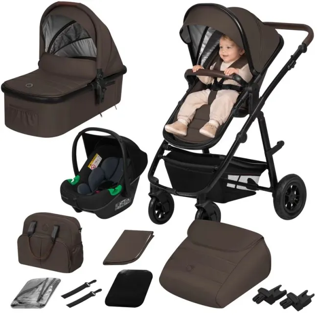 Carucior 3 in 1, Lionelo, Amber, Cadru aluminiu, Cu landou intarit si salteluta moale, Cu scoica auto testata ADAC, Reversibil, Cu accesorii, Geanta parinti, Pana la 22 kg, Maro BYNLO-AMBER_3IN1_BROWN_CHOCOLATE