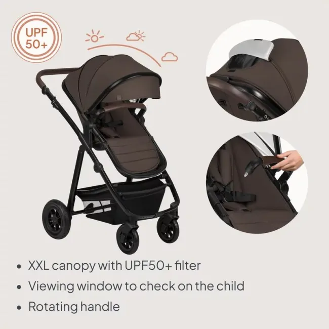 Carucior 3 in 1, Lionelo, Amber, Cadru aluminiu, Cu landou intarit si salteluta moale, Cu scoica auto testata ADAC, Reversibil, Cu accesorii, Geanta parinti, Pana la 22 kg, Maro BYNLO-AMBER_3IN1_BROWN_CHOCOLATE
