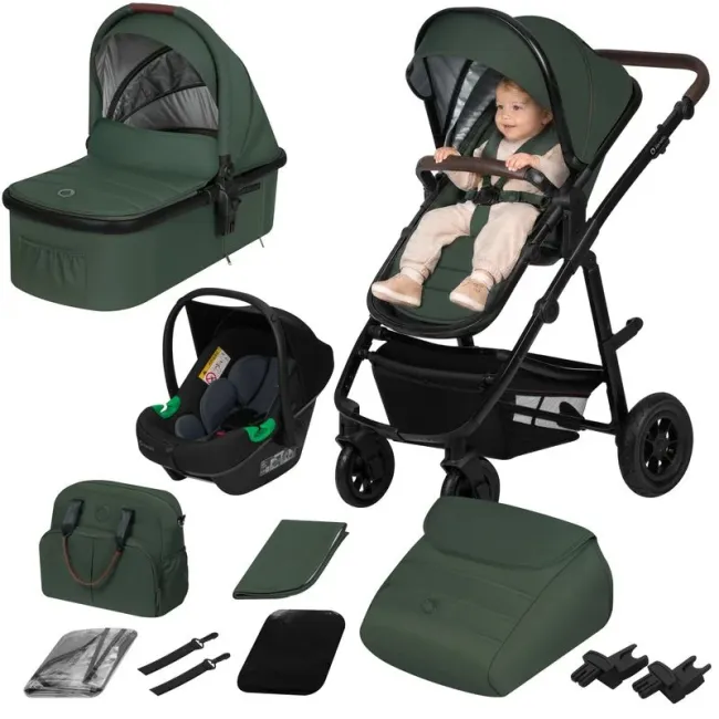 Carucior 3 in 1, Lionelo, Amber, Cadru aluminiu, Cu landou intarit si salteluta moale, Cu scoica auto testata ADAC, Reversibil, Cu accesorii, Geanta parinti, Pana la 22 kg, Verde BYNLO-AMBER_3IN1_GREEN_FOREST