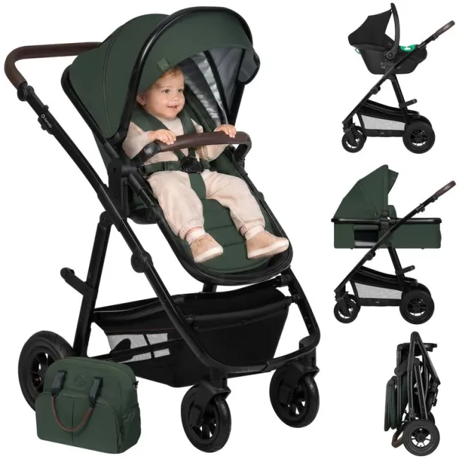 Carucior 3 in 1, Lionelo, Amber, Cadru aluminiu, Cu landou intarit si salteluta moale, Cu scoica auto testata ADAC, Reversibil, Cu accesorii, Geanta parinti, Pana la 22 kg, Verde BYNLO-AMBER_3IN1_GREEN_FOREST