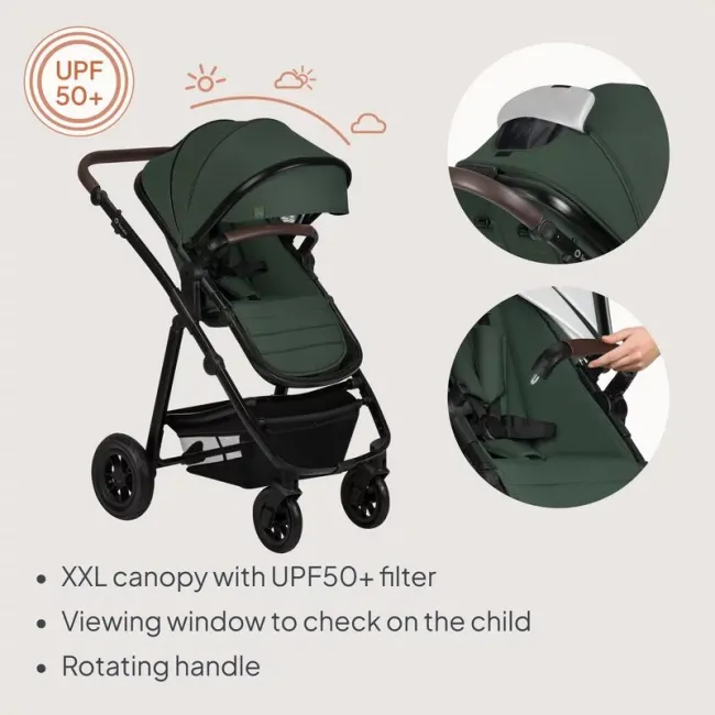 Carucior 3 in 1, Lionelo, Amber, Cadru aluminiu, Cu landou intarit si salteluta moale, Cu scoica auto testata ADAC, Reversibil, Cu accesorii, Geanta parinti, Pana la 22 kg, Verde BYNLO-AMBER_3IN1_GREEN_FOREST