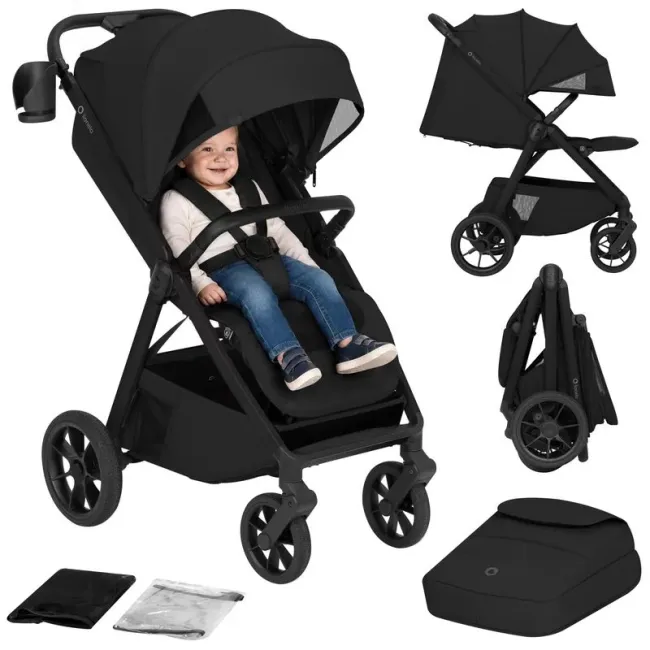 Carucior sport, Lionelo, Bett, Compact, Pliere rapida cu o mana, Copertina impermeabila UPF50+, Cu organizator ThermBag si accesorii, 6-48 luni, Sustine 22 kg, Black Onyx BYNLO-BETT_BLACK_ONYX
