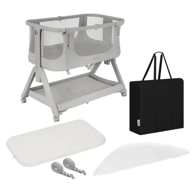 Patut co-sleeper, Lionelo , Evo Luna, 2 in 1, Cu laterala culisanta, Cu setare unghiulara, Cu roti, Reglabil in 6 pozitii pe inaltime, Gri BYNLO-LUNA_EVO_GREY_DOVE