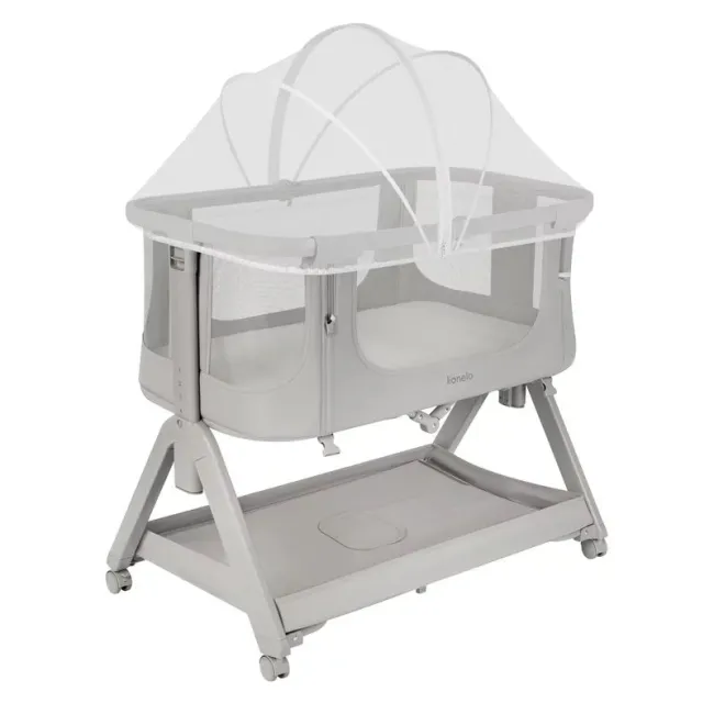 Patut co-sleeper, Lionelo , Evo Luna, 2 in 1, Cu laterala culisanta, Cu setare unghiulara, Cu roti, Reglabil in 6 pozitii pe inaltime, Gri BYNLO-LUNA_EVO_GREY_DOVE