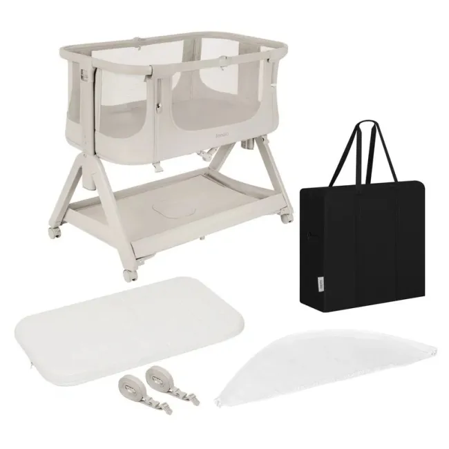 Patut co-sleeper, Lionelo, Evo Luna, 2 in 1, Cu laterala culisanta, Cu setare unghiulara, Cu roti, Reglabil in 6 pozitii pe inaltime, Bej BYNLO-LUNA_EVO_BEIGE_SAND