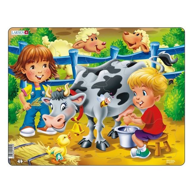 Puzzle Copiii la Ferma cu Vaca, 18 Piese Larsen LRBM5 - BBJLRBM5_Initiala
