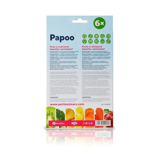 Petite&Mars - Set 6 pungi reutilizabile pentru hranire cu elefantei Papoo Albastru BYN901807