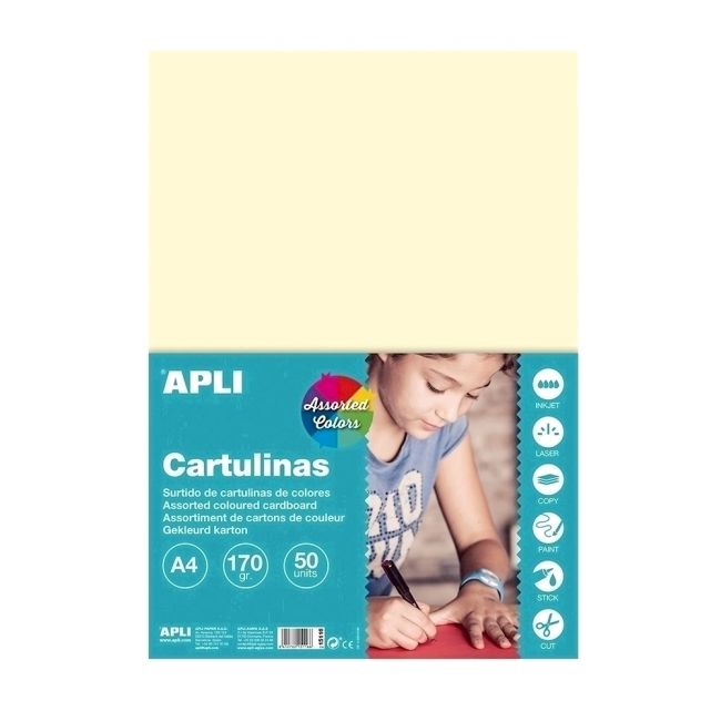 Carton colorat Apli, format A4, 50 de file, 10 culori asortate - BPTCAL15116
