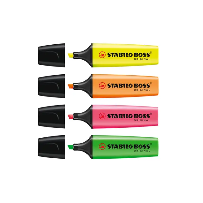 Textmarker Stabilo Boss, varf 2-5 mm, 4 culori/set ( galben, portocaliu, verde, roz) - BPTCSW117004