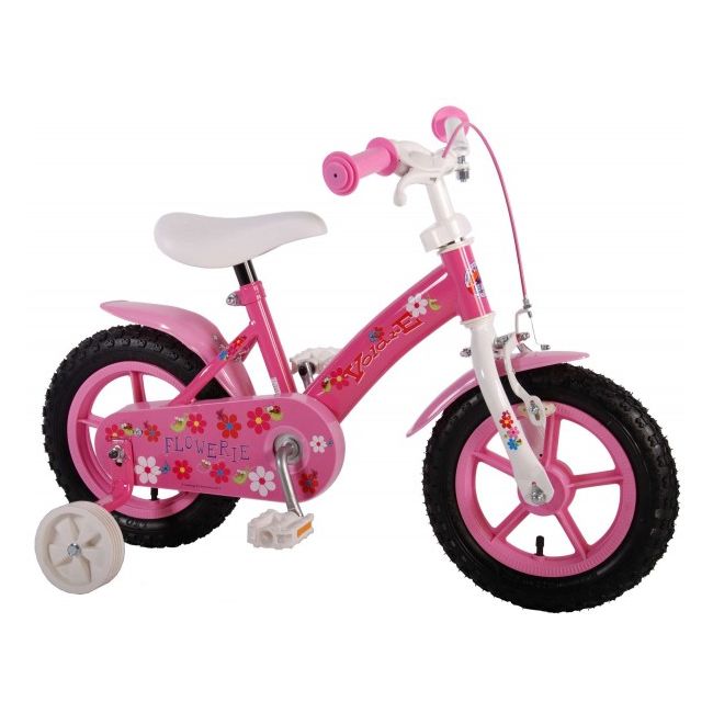 Bicicleta copii fete 12 inch Volare Flowerie cu roti ajutatoare si cosulet roz partial montata - SOLVOL61206