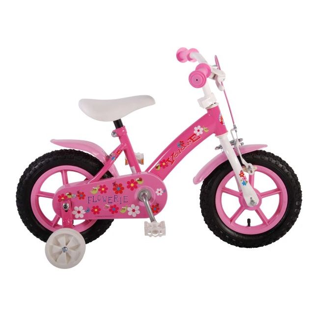 Bicicleta copii fete 12 inch Volare Flowerie cu roti ajutatoare si cosulet roz partial montata - SOLVOL61206