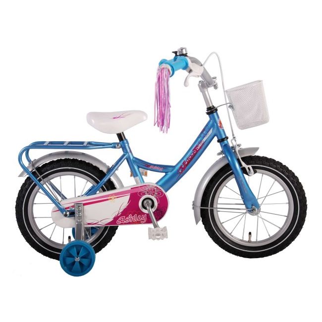 Bicicleta copii fetite 14 inch Volare Bike cu roti ajutatoare cosulet portbagaj metal si pompoane la ghidon - SOLVOL61434