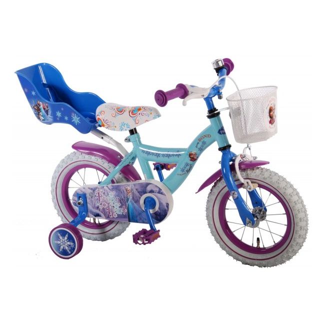 Bicicleta pentru fete 12 inch cu scaun pentru papusi roti ajutatoare si cosulet Frozen partial montata - SOLVOL51261