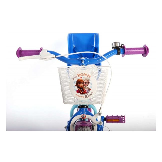 Bicicleta pentru fete 12 inch cu scaun pentru papusi roti ajutatoare si cosulet Frozen partial montata - SOLVOL51261