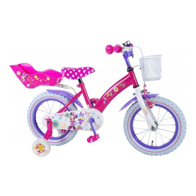 Bicicleta Volare pentru fete 14 inch cu scaun pentru papusi roti ajutatoare si cosulet Minnie Mouse partial montata - SOLVOL31426