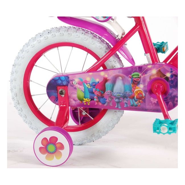 Bicicleta pentru fete 14 inch cu scaun pentru papusi roti ajutatoare si cosulet Trolls - SOLVOL61452-CH