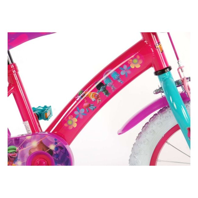 Bicicleta pentru fete 14 inch cu scaun pentru papusi roti ajutatoare si cosulet Trolls - SOLVOL61452-CH