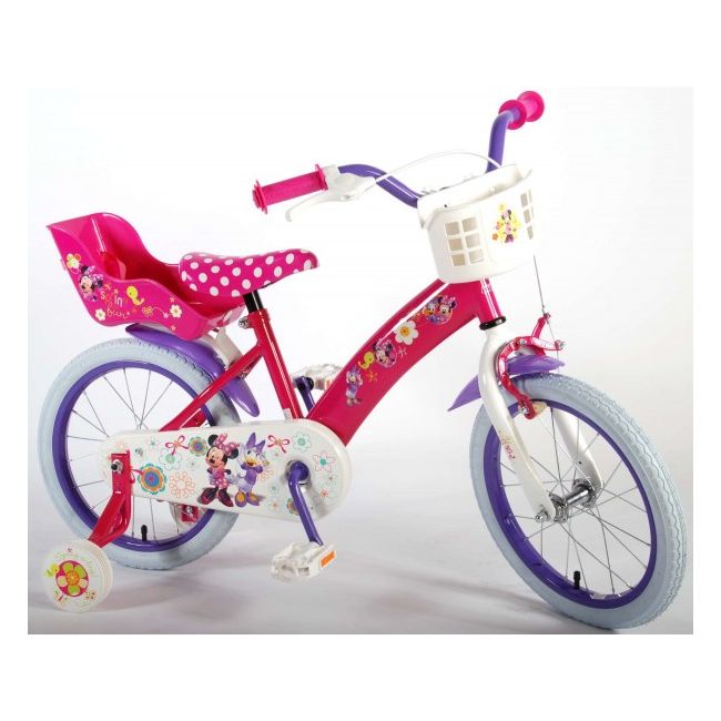 Bicicleta pentru fete 16 inch cu scaun pentru papusi roti ajutatoare si cosulet Minnie Mouse - SOLVOL31626-CH