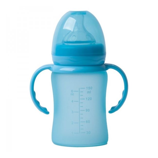 Biberon termo din sticla acoperita de silicon cu indicator de temperatura Bo Jungle 150 ml albastru - SOLBJB595000