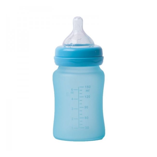Biberon termo din sticla acoperita de silicon cu indicator de temperatura Bo Jungle 150 ml albastru - SOLBJB595000