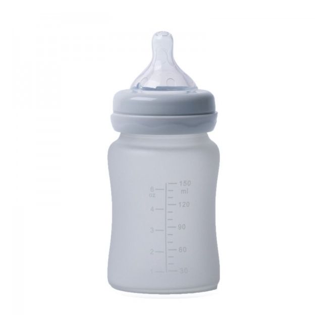 Biberon termo din sticla acoperita de silicon cu indicator de temperatura Bo Jungle 150 ml gri - SOLBJB595020