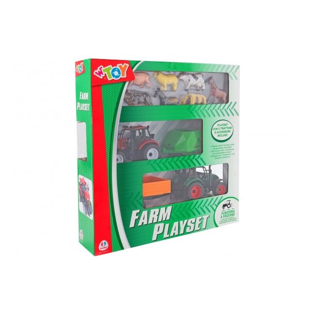 Set 2 tractoare cu frictiune trailer si 7 animale Globo - SOLGL38368
