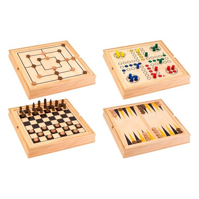 Set 5 in 1 jocuri de societate in cutie lemn Globo 37804 Sah Table Dame - SOLGL37804