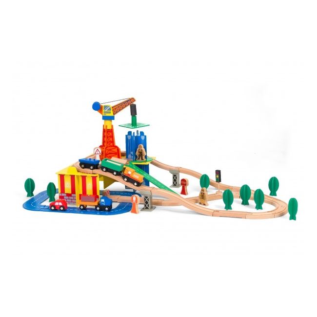 Set trenulet cu santier Globo 37920 din lemn 80 piese - SOLGL37920