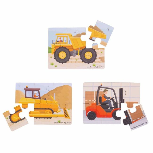 Set 3 puzzle din lemn - vehicule pentru constructii