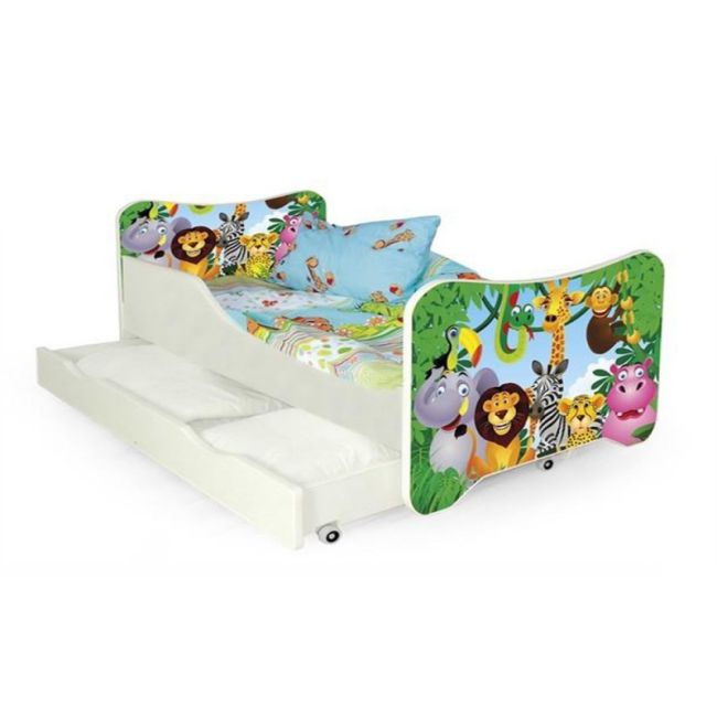 Pat pentru copii hm happy jungle, pal melaminat, cu saltea inclusa, 140x70 cm, multicolor drm3638