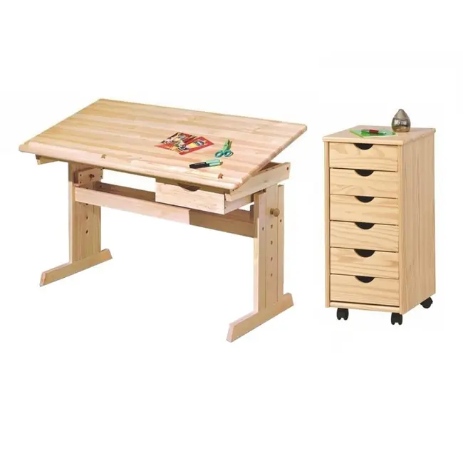 Set birou ergonomic pentru copii hm julia, inaltime reglabila, unghi inclinare ajustabil, lemn si dulapior hm nils, roti, sertare, natur drm3382