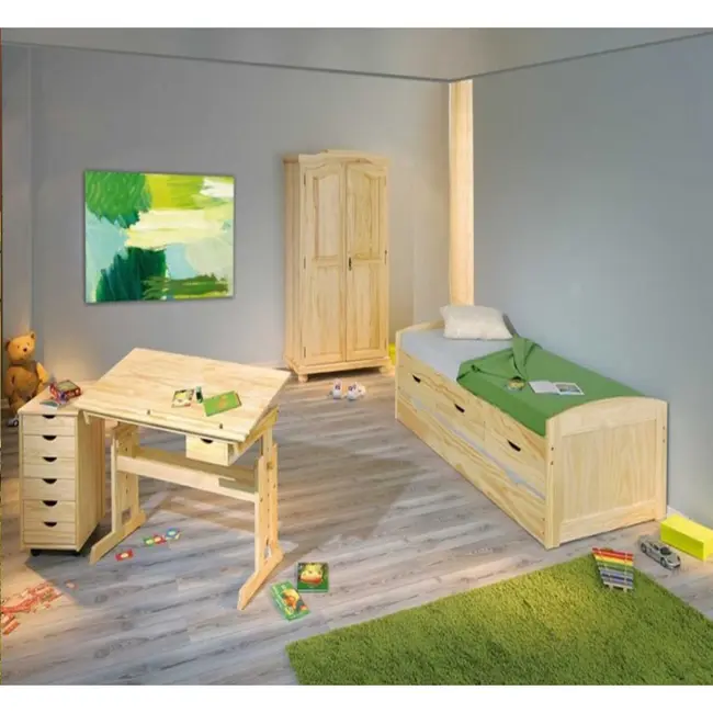 Set birou ergonomic pentru copii hm julia, inaltime reglabila, unghi inclinare ajustabil, lemn si dulapior hm nils, roti, sertare, natur drm3382