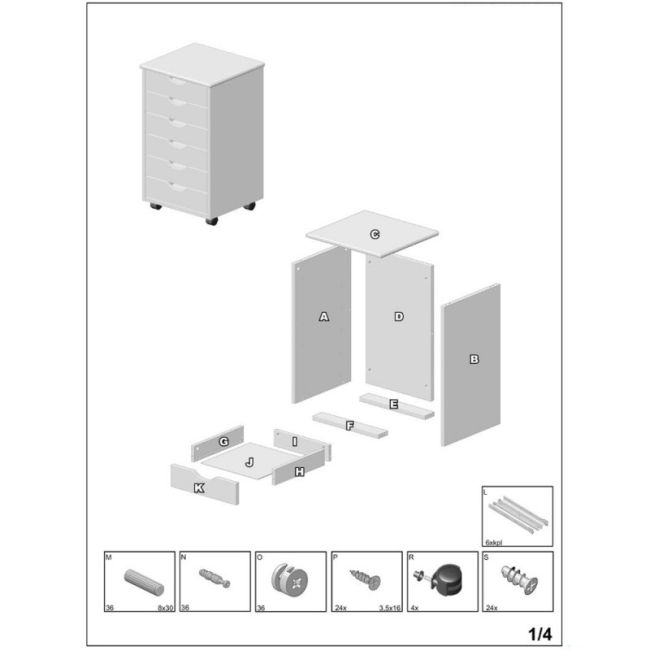 Dulapior rulant hm simon 2, cu sertare, cu roti, front mdf, alb drm2319