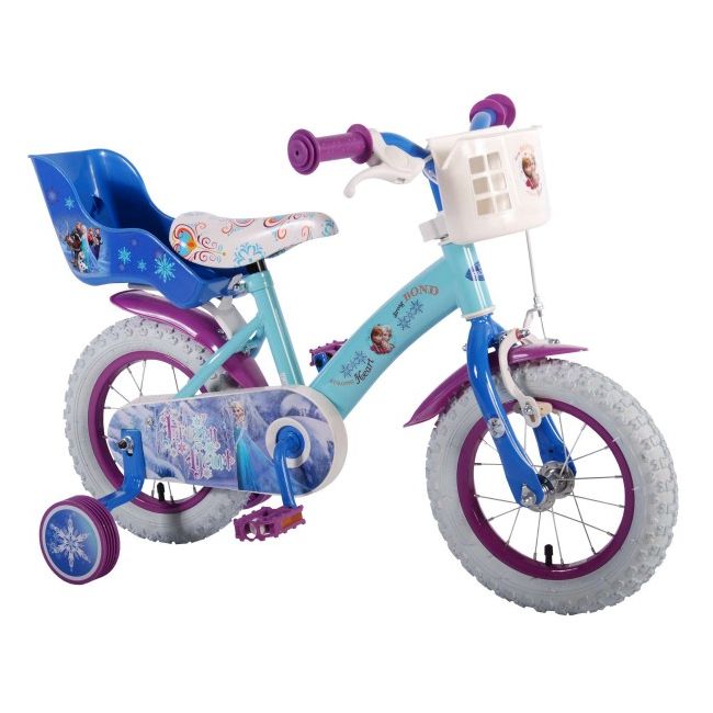Bicicleta Volare pentru fete 12 inch cu scaun pentru papusi roti ajutatoare si cosulet  Frozen partial montata - SOLVOL51261-CH
