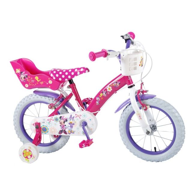 Bicicleta Volare pentru fete 14 inch cu scaun pentru papusi roti ajutatoare cosulet si doua frane de mana Minnie Mouse partial montata - SOLVOL31426-CH-IT