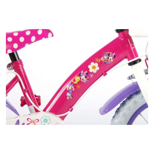 Bicicleta Volare pentru fete 14 inch cu scaun pentru papusi roti ajutatoare cosulet si doua frane de mana Minnie Mouse partial montata - SOLVOL31426-CH-IT