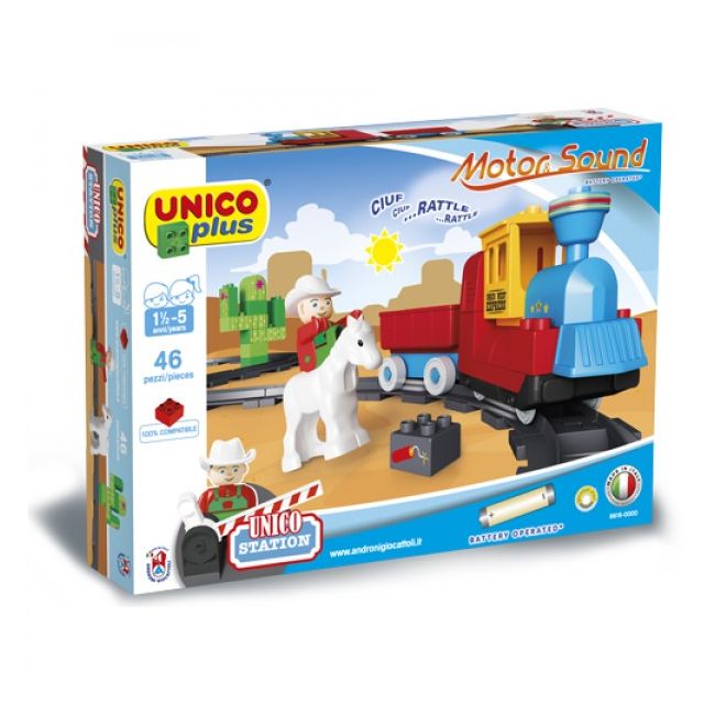 Set constructie Unico Plus Trenulet Vestul salbatic cu baterii sunete 46 piese - SOLUN8616