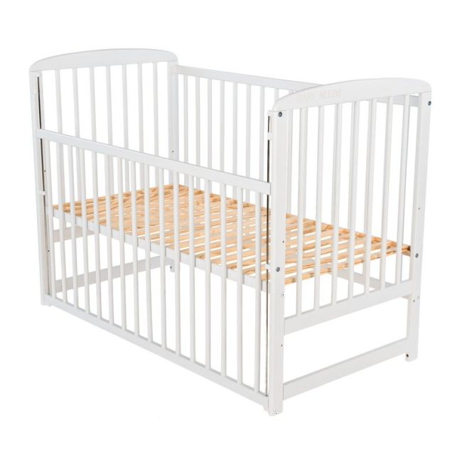 BabyNeeds - Patut din lemn Ola 120x60 cm, cu laterala culisanta, Alb + Saltea 10 cm BYNBOOLA10CM03AL
