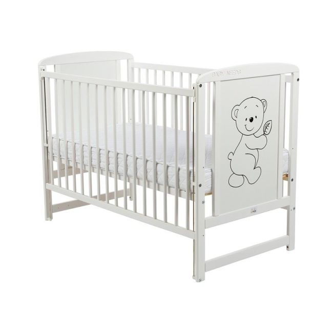 BabyNeeds - Patut din lemn Timmi 120x60 cm, cu laterala culisanta, Alb + Saltea 10 cm BYNBOTIM10CM03AL