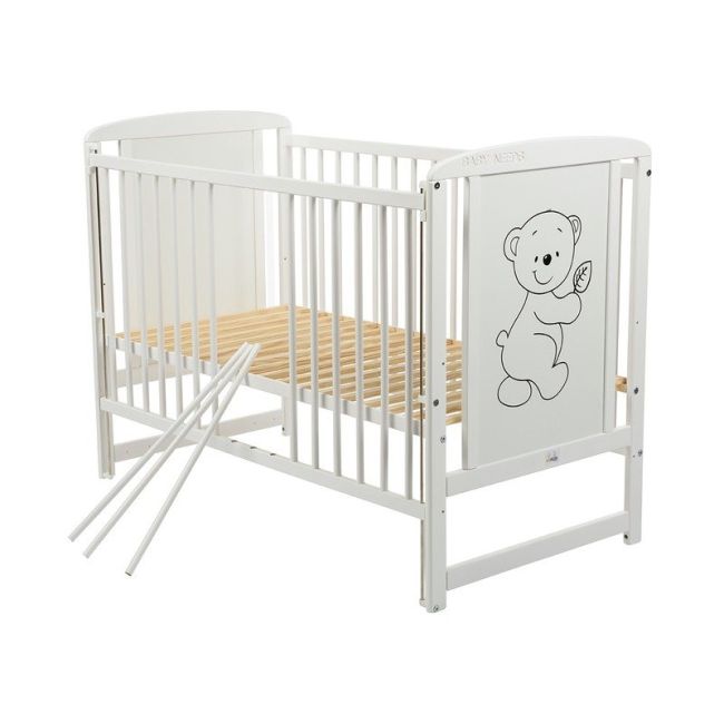 BabyNeeds - Patut din lemn Timmi 120x60 cm, cu laterala culisanta, Alb + Saltea 10 cm BYNBOTIM10CM03AL