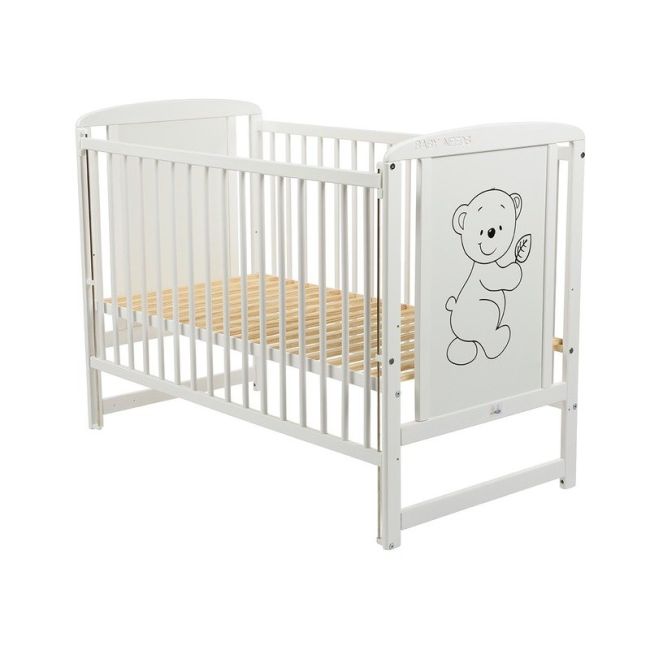 BabyNeeds - Patut din lemn Timmi 120x60 cm, cu laterala culisanta, Alb + Saltea 10 cm BYNBOTIM10CM03AL