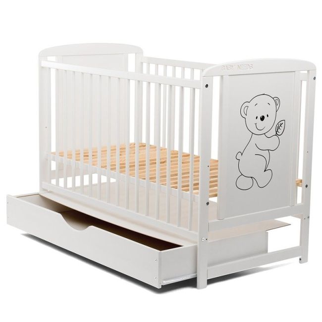 BabyNeeds - Patut din lemn Timmi 120x60 cm, cu sertar, Alb BYNBOTIM02AL
