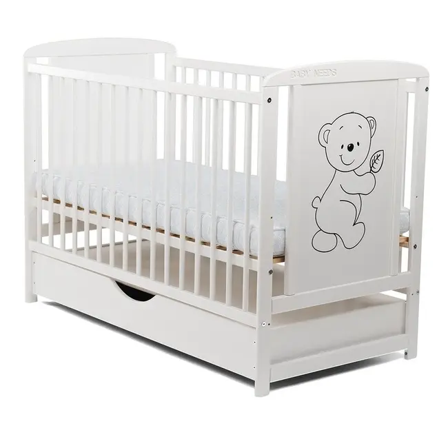 BabyNeeds - Patut din lemn Timmi 120x60 cm, cu sertar, Alb BYNBOTIM02AL