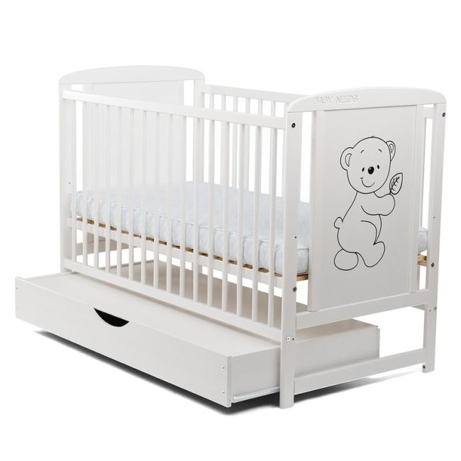 BabyNeeds - Patut din lemn Timmi 120x60 cm, cu sertar, Alb + Saltea 10 cm BYNBOTIM10CM02AL