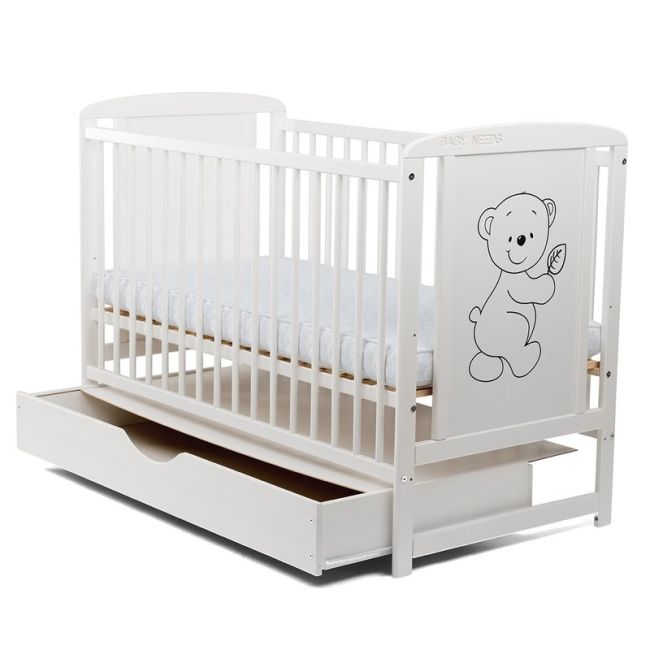 BabyNeeds - Patut din lemn Timmi 120x60 cm, cu sertar, Alb + Saltea 10 cm BYNBOTIM10CM02AL