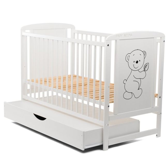 BabyNeeds - Patut din lemn Timmi 120x60 cm, cu sertar, Alb + Saltea 10 cm BYNBOTIM10CM02AL