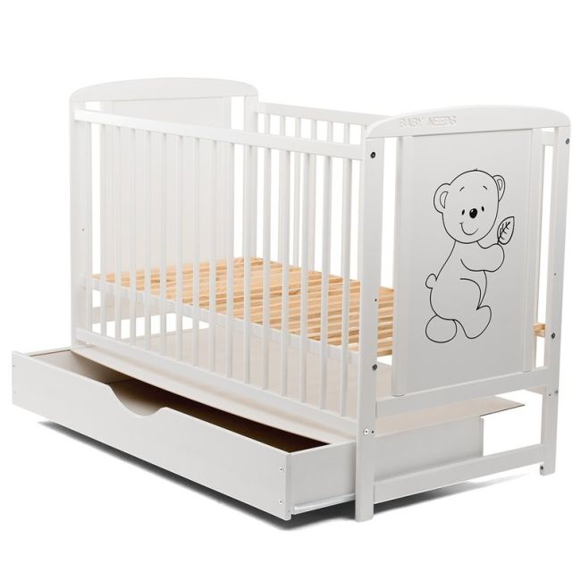 BabyNeeds - Patut din lemn Timmi 120x60 cm, cu sertar, Alb + Saltea 10 cm BYNBOTIM10CM02AL