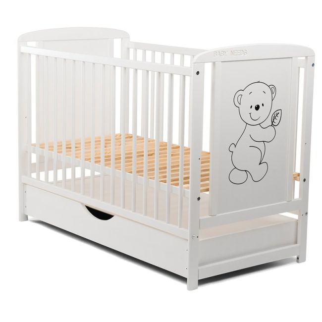 BabyNeeds - Patut din lemn Timmi 120x60 cm, cu sertar, Alb + Saltea 10 cm BYNBOTIM10CM02AL